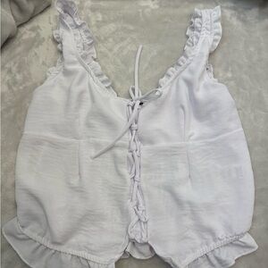 Fashion Nova White Lace-Up Ruffle Blouse